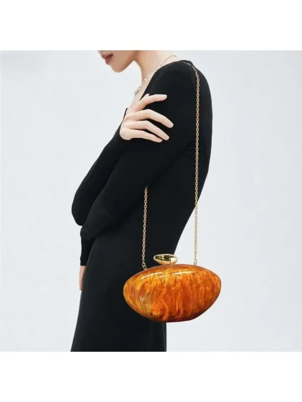 Women's Marble Caramel Tortoise Shell Acrylic Clutch Purse Gold Evening Handbag